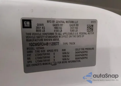 2011 Chevrolet Express 2500 Work Van z USA, uszkodzony, nr VIN 1GCWGFCA4B1129577